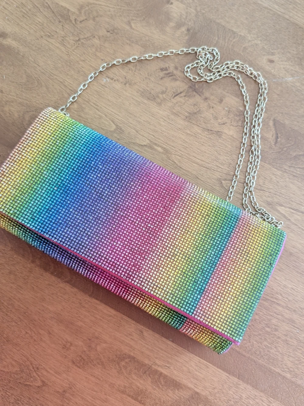 Boutique Rainbow Rhinestone Crystal Clutch Bag Gold Chain Crossbody